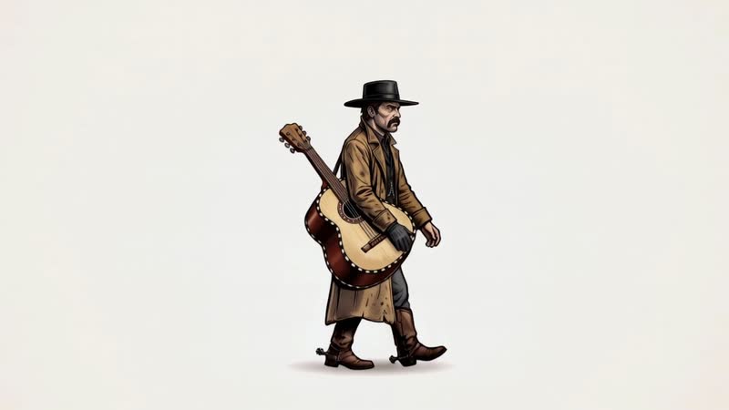 Cuadro de la animación: el personaje camina de perfil con un guitarrón a la espalda