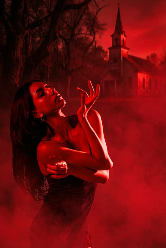 Mujer bajo luz roja con la mano en el pecho, estilo cinematográfico